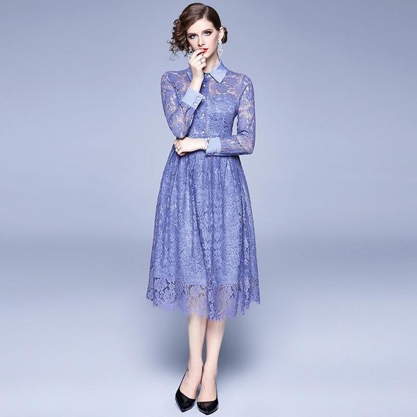 

casual dresses high qualiy autumn long sleeve women's party dress turn down collar slim slimming blue lace, Black;gray
