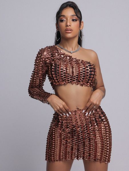 

sxy hollow out one shoulder crop metallic & bodycon skirt q5nh#, White