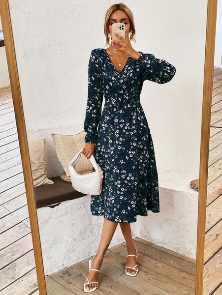 

surplice neck floral print shirred waist a-line dress r7mz#, Black;gray
