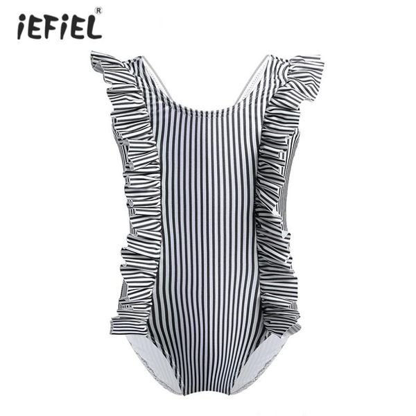

infant baby girls one-piece swimwear sleeveless bikini striped printed ruffles swimsuit toddler beach bathing suit one-pieces, Black