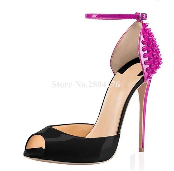 

brand design women fashion peep toe patent leather patchwork stiletto heel rivet pumps ankle strap buckles high heels shoes dress, Black