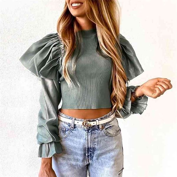 Mulheres Moda Ruffle Patchwork Organza Cropped Mulher Malha Pollover Pollover Inverno Slim Pullover puxa femme jumper tops 210427