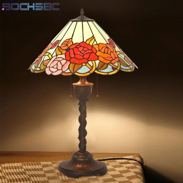 

table lamps bochsbc tiffany style home decortion stained glass art desk lights red rose lampshade timbo frame