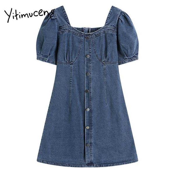 

yitimuceng denim dresses women summer button zipper high waist puff sleeve a-line unicolor blue korean fashion dress 210601, Black;gray