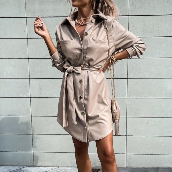 

casual dresses women fashion solid color pu leather short dress long sleeve bandage button spring autumn loose, Black;gray