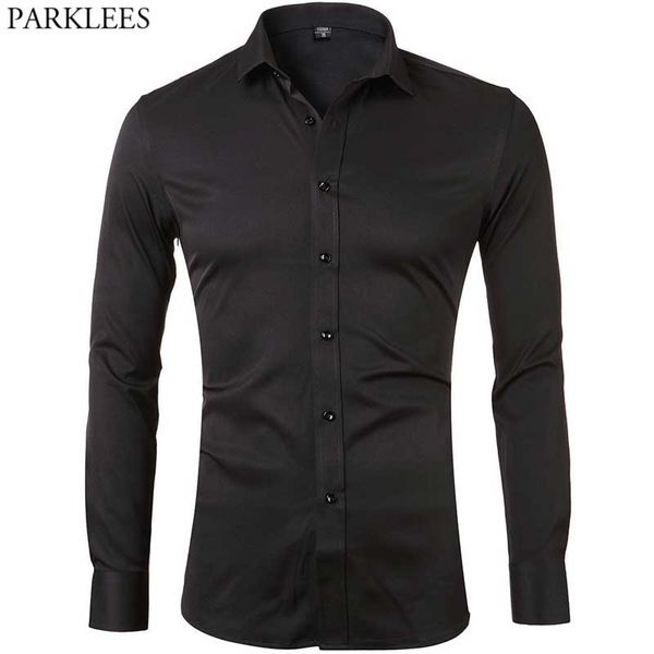 Camisas pretas do vestido de fibra de bambu dos homens camisas Elastic Casual Botão para baixo Camisa dos homens Cuidados fáceis não ferro de ferro de trabalho de casamento camisa 3xl 210522