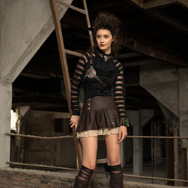 

skirts women's steampunk short skirt mini punk a-line pleated sp212cw, Black