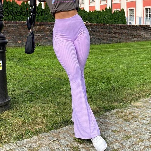 

sweetown purple ribbed y2k joggers women knitted flare pants slim high waist aesthetic trousers female vintage 90s sweatpants, Black;white