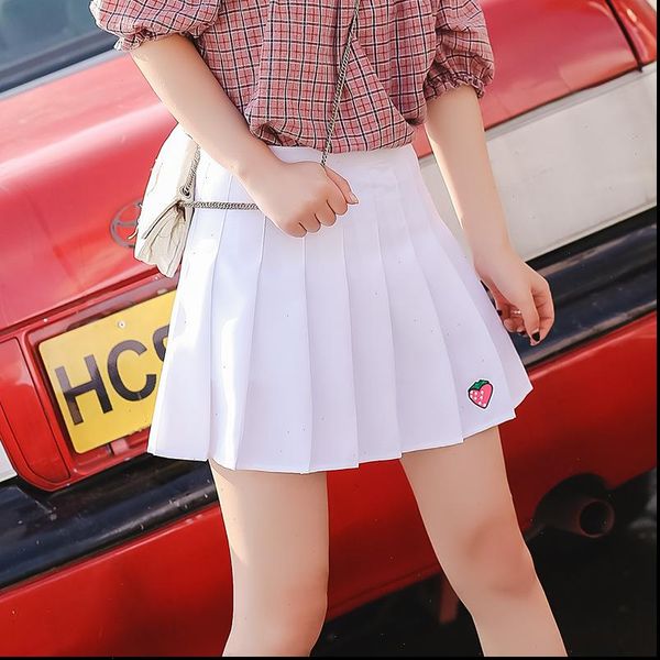 

xs  five colors women skirts cute strawberry embroidery girls high waist a line pleated sweet safety pants student, Black