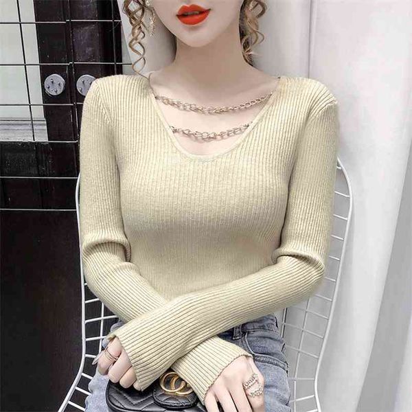 

autumn korean women v-neck black fashion trend chain long-sleeved sweater casual wild ladies 210527, White