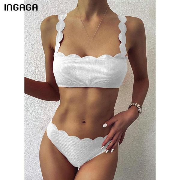 

2021 push up bikinis swimsuits scalloped edge swimwear women black bandeau bathing suit solid biquini beach wear women's, White;black