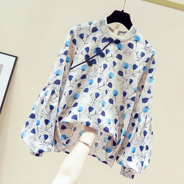 

chinese cheongsam design autumn balloon womens shirt long sleeves print a3665, White