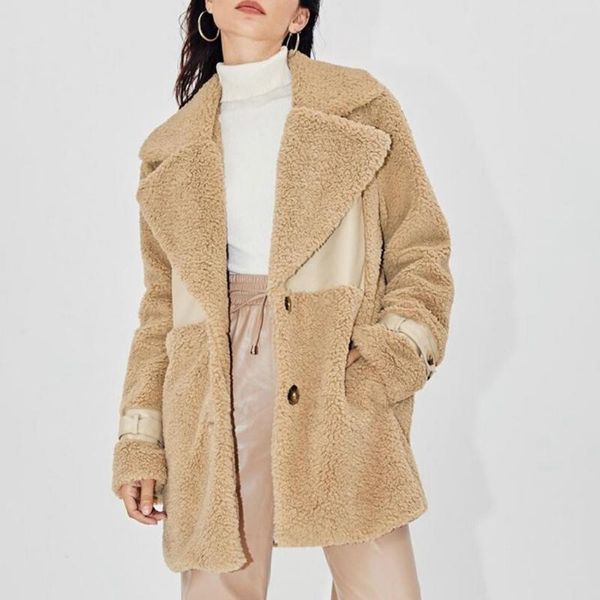 

women's wool & blends berry fashion turn down collar lamb coats women elegant mid length jackets single breasted patchwork ladies, Black
