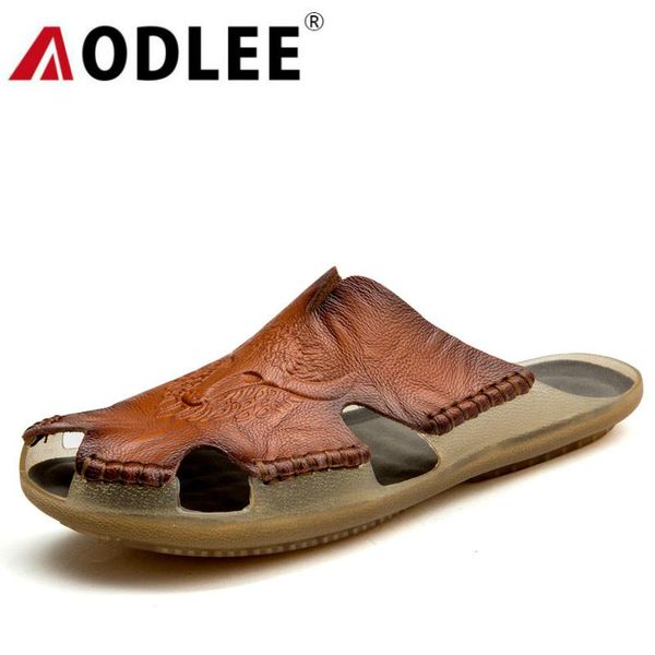 

slippers men summer soft leather casual shoes breathable flat comfort outdoor beach drop aodlee, Black