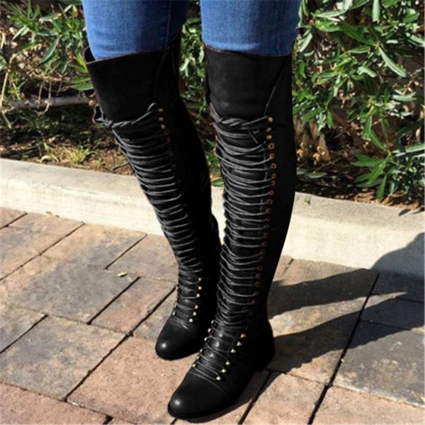 

boots women's classic riding fashion lace-up over the knee ladies outdoor pu leather side zip shoes western knight booties, Black