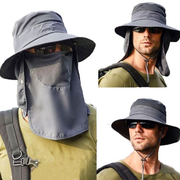 

stingy brim hats men summer anti uv sun hat with protection face neck women fishing hiking cap multi-function outdoor foldable, Blue;gray