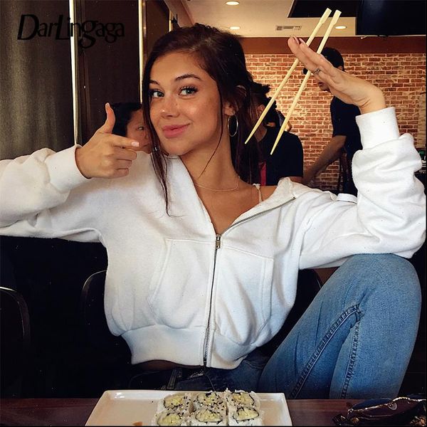 

casual zip up cotton women sweatshirt white pockets cropped jacket coat spring autumn elastic hoody slim, Black