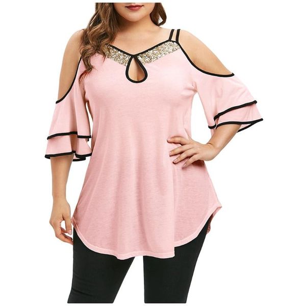 

women's t-shirt t-shirts women plus size l/xl/xxl/xxxl/xxxxl solid strap leaky shoulder sequin short sleeve loose apparel for, White