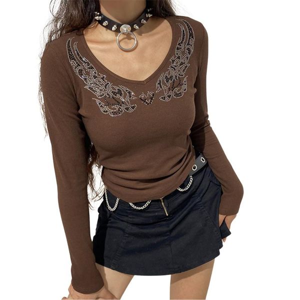

women's t-shirt rhinestones vintage slim fit women long sleeve v neck skinny tee spring autumn casual female streetwear, White