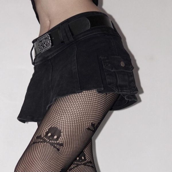 

skirts harajuku style female slim denim streetwear womens girls mini with belt, Black