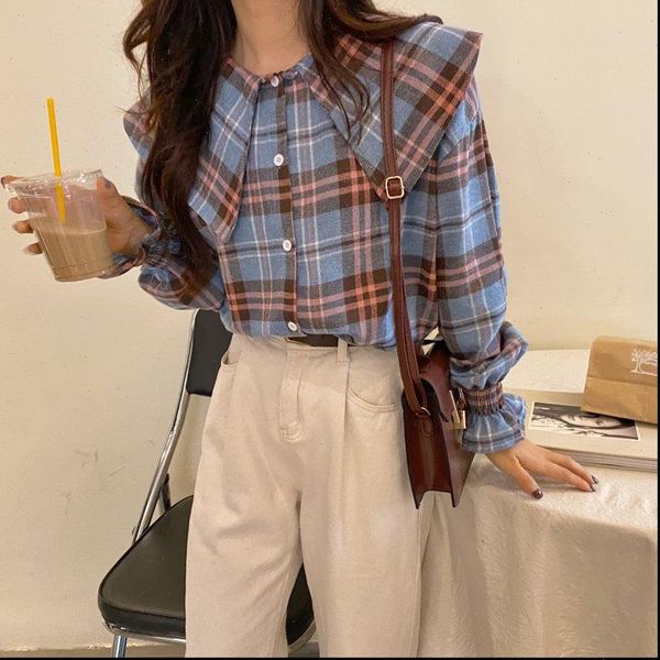 

womens blouses hzirip sale vintage plaid peter pan collar fashion korean style brief chic gentle office lady all match casual, White