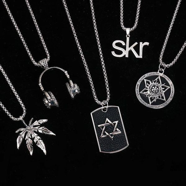 

european and american personality hipster jewelry leaves anchor six star blade steel necklace hip-hop men's alloy pendant chains, Silver