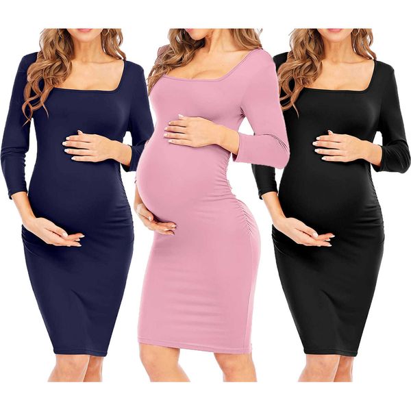 Mamãe mamãe gravidez vestidos de maternidade quadrado colar de moda sólida vestidos de roupas primavera vestidos sólidos grávidos roupas q0713