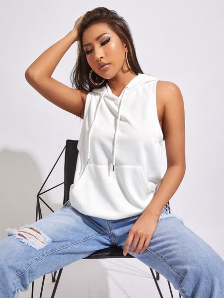 

solid sleeveless drawstring hoodie r5cx#, White;black