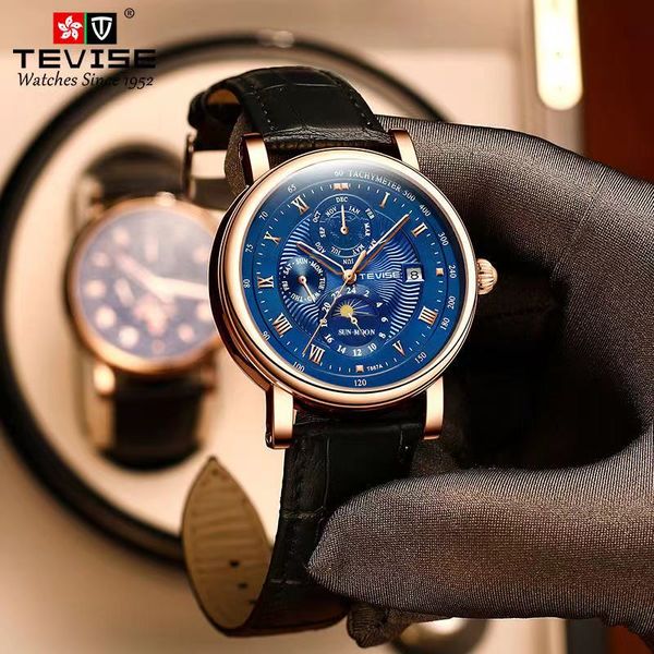 Tevise Mens Antique Watches Wisconsin Man Brand mechanische Uhr, das Tourbillon, hochwertige Kalbslederlegierung, 42 mm, Sterne und Planeten sind wasserdicht