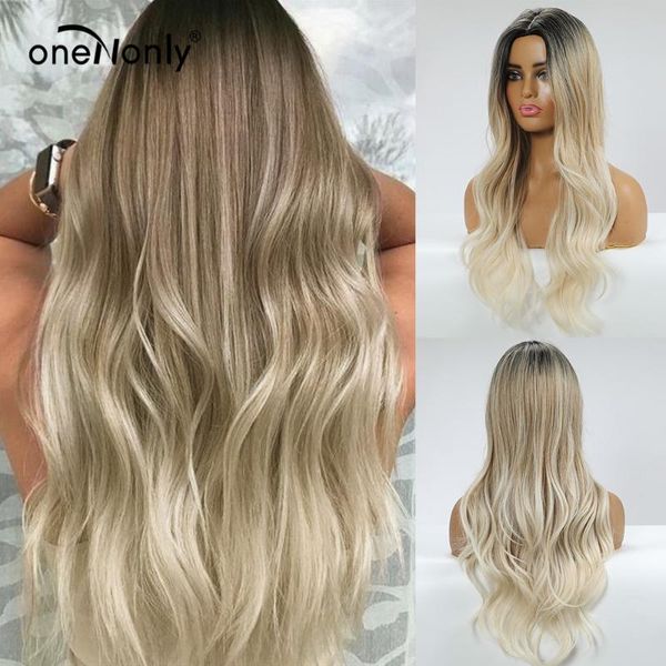 

onenonly long wave middle part ombre black to ash and platinum blonde synthetic wigs for women party lolita hair cosplay wig