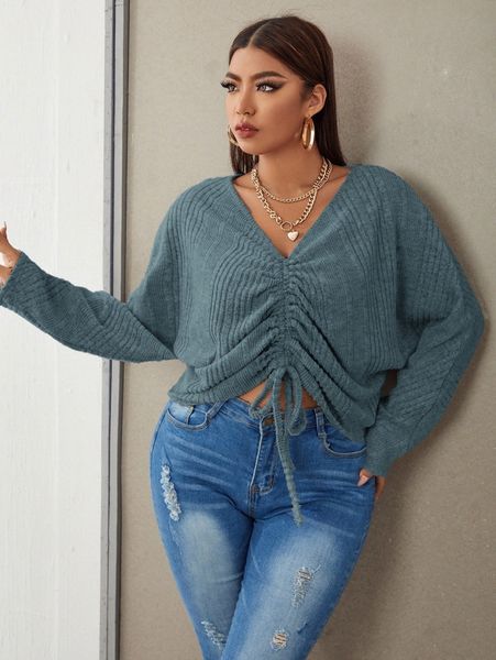 

plus dolman sleeve drawstring ruched front tee q2tj#, Black