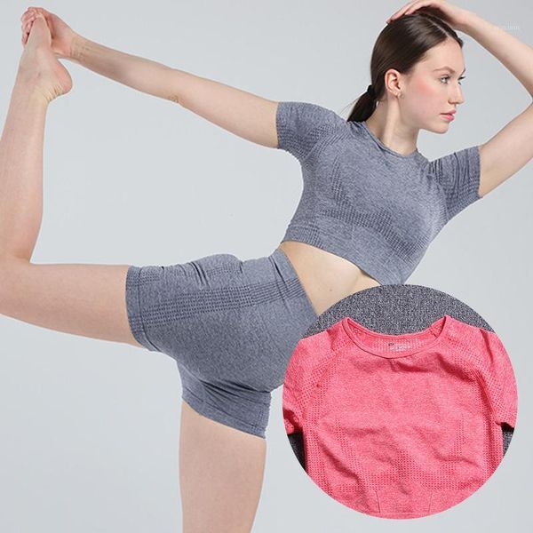 

yoga outfit women 2pcs seamless set push up sport suit workout clothes short sleeve gym high waist leggings fitness sportswear