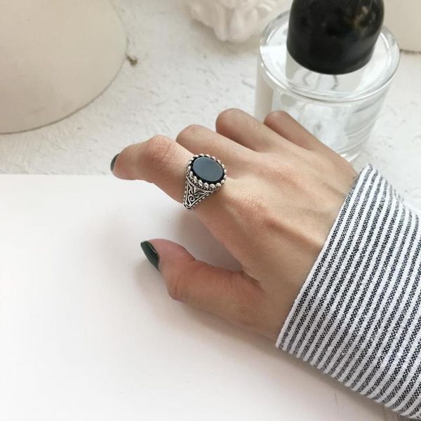 

cluster rings louleur real 925 sterling silver vintage round black agate open female jewelry gift for women charms ring, Golden;silver