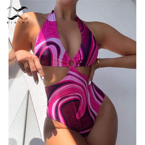 

one-piece suits halter one piece suit ring swimsuit women's swimming print monokini high cut swimwear female bathing beach wear