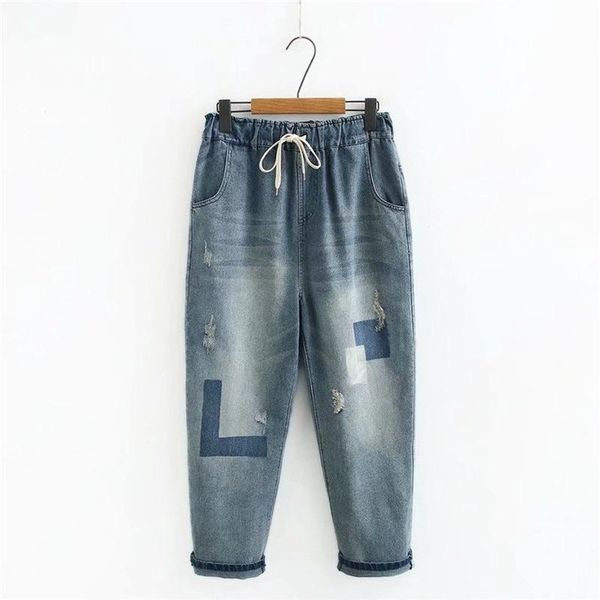

women's jeans plus size blue denim pants fashion elastic waist with holes