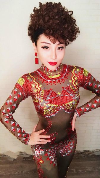 

women's jumpsuits & rompers red yellow crystals stretch jumpsuit nightclub bar dance wear bodysuit leggings celebrate outfit performanc, Black;white
