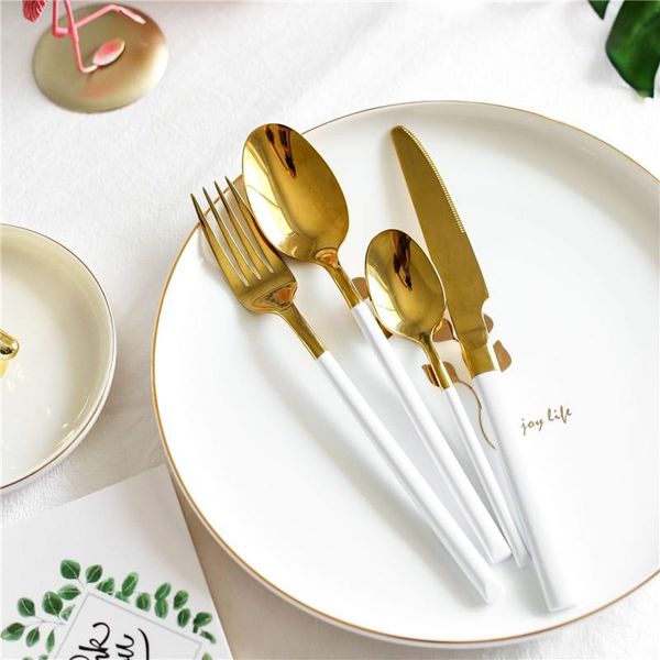 

dinnerware sets 24pcs/set european white gold stainless steel cutlery set flatware dinner knife fork spoon tableware
