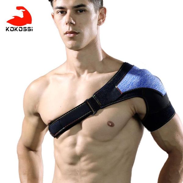 

back support kokossi shoulder brace breathable pressure pad adjustable left/right compression sleeve strap wrap relief bandage men, Black;blue
