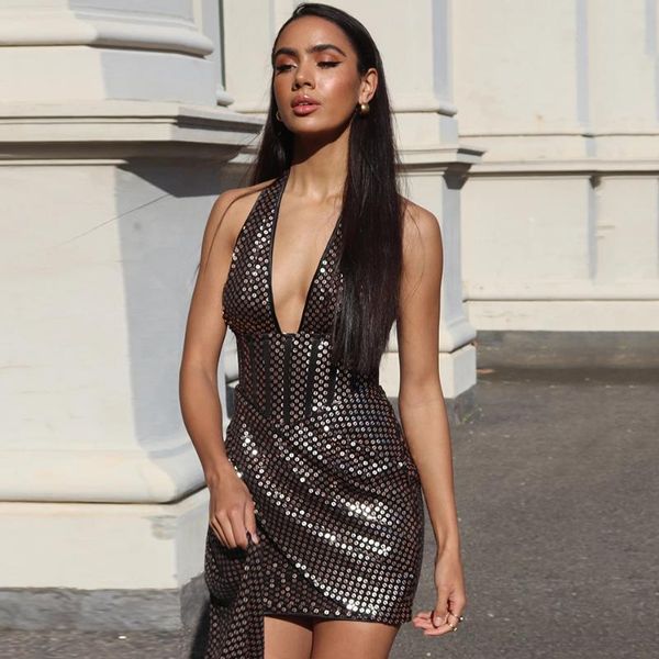 

casual dresses autumn bodycon mini dress v neck spaghetti strap backless sequin dangle 2021 celebrity runway party vestidos, Black;gray