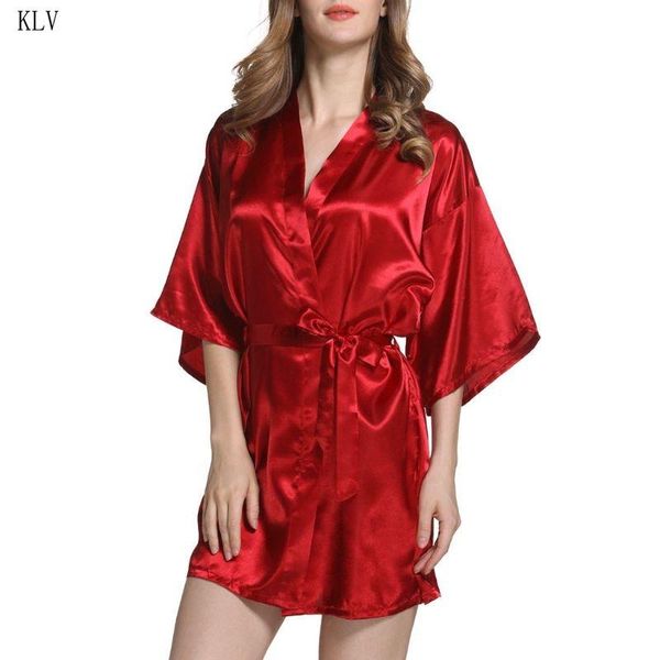 

women's sleepwear women simulation silk solid color nightgown v-neck short kimono bathrobe gown pajamas, Black;red