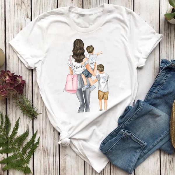

women's t-shirt ladies t shirt short sleeve clothing boy son mom cartoon lady print graphic shirts, White