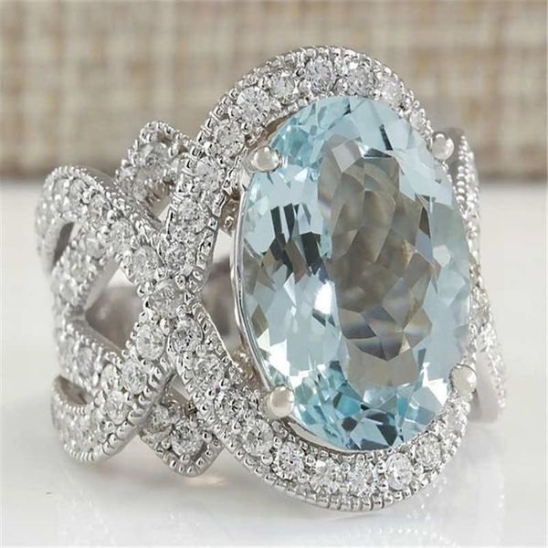 

wedding rings classic big oval sky blue zircon micro inlay for women jewelry anillos engagement luxury crystal stone silver ring, Slivery;golden