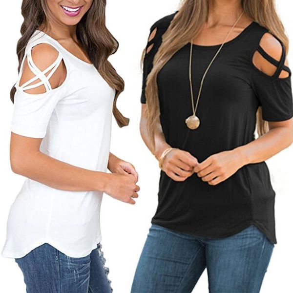 

women's t-shirt 2021 summer one-shoulder cross hollow casual irregular hem o-neck slim collar short sleeve top, White