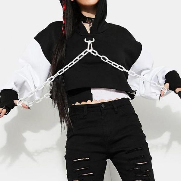 

women's hoodies & sweatshirts women drop-shoulder color blocked long sleeve metal chain cropped gothic girls fall techwear oversized ho, Black