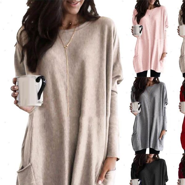 

casual long sleeve womens shirt round neck pullover loose solid color pocketed for spring and autumn tunic top, White