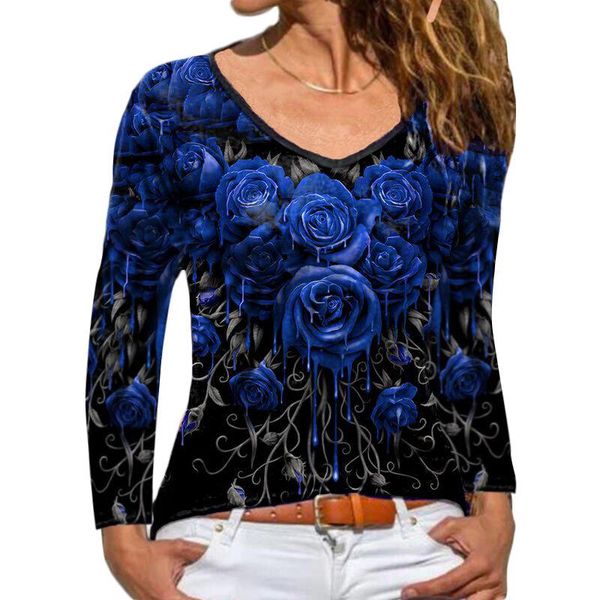 

women's t-shirt women autumn and winter tshirt long sleeved rose printed shirts fashion casual plus size, White