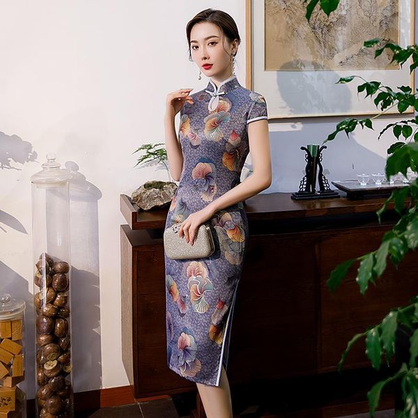 

gray lady print traditional chinese cheongsam knee-length satin qipao skirt large size 3xl 4xl spring formal party dress ethnic clothing, Red