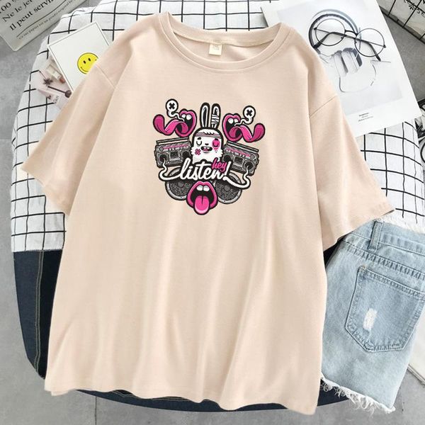 

hey listen music print women t-shirt summer loose t shirts breathable o-neck harajuku style casual wear womens women's, White