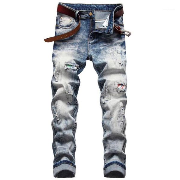 

european american style fashion men jeans light blue slim fit elastic ripped patch spring mens casual cotton denim pants men's
