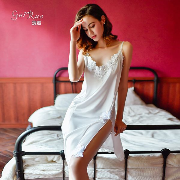 

lingerie guiruo satin new pajamas suspender nightdress simulation lace side split temptation 473, Black;red